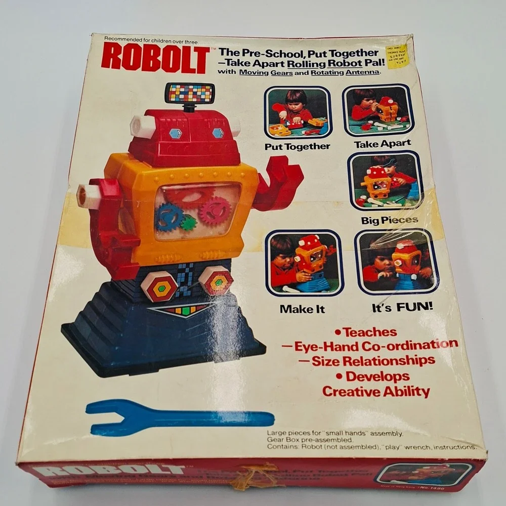 Vintage ROBOLT No 1490 Take Apart Rolling Robot Toy Box Parts Repair As-Is